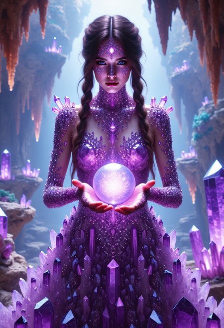 A mystical depiction of an enchantress adorned with sparkling amethyst crystals, her flowing gown made of shimmering crystal shards that glint with every movement. Her hands are gently clasping a glowing amethyst orb, casting soft violet and indigo light across her serene face. Her hair is braided with small, sparkling amethyst stones, and her surroundings are a luminous cave filled with intricate crystal formations that pulse with magical energy. Cinematic medium-shot with ethereal lighting and a rich fantasy atmosphere.
