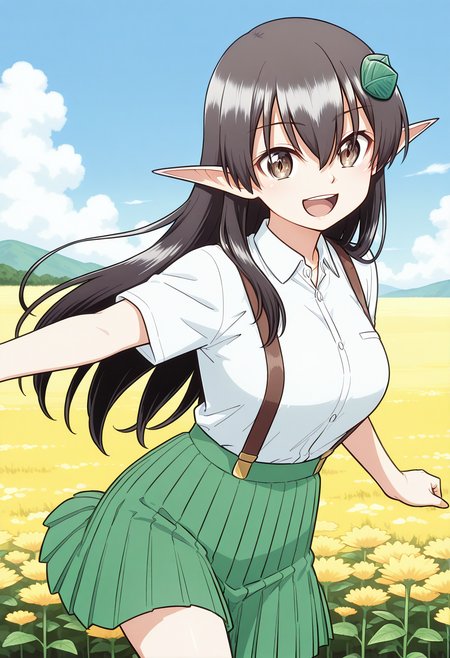 kazamori_itoko, pointy ears, brown eyes, black hair, long hair, hair ornament, school uniform, suspenders, collared shirt, short sleeves, pleated skirt, green skirt, <lora:kazamori_itoko_illustrious_ver1:0.8> 
smile, open mouth, 1girl, solo, (field:1.2), (blue sky:1.2), looking at viewer,, masterpiece, best quality, general,, (cowboy shot, dynamic pose:1.4),