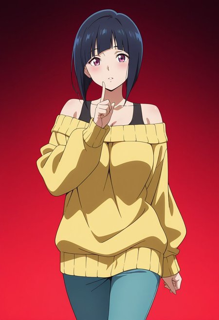 masterpiece, best quality, amazing quality, anime coloring, anime screencap, 1girl, mature female, inverted bob, black hair, blunt bangs, cowboy shot,  BREAK  simple background,  dynamic pose gradient background,  red  background  off-shoulder sweater,     index finger raised,