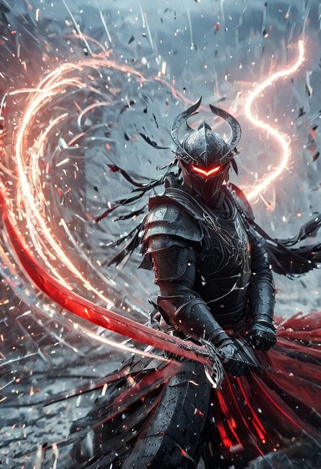1man, armored samurai in black samurai armor, wearing samurai helmet and armor, Incoming sword, broken glass, brave perspective, reflection, glowing lightning slash, red katana, red lightning, shatter, holding sword, glowing sword, motion blur, emphasis line, outdoor in the darkness, looking at viewer,