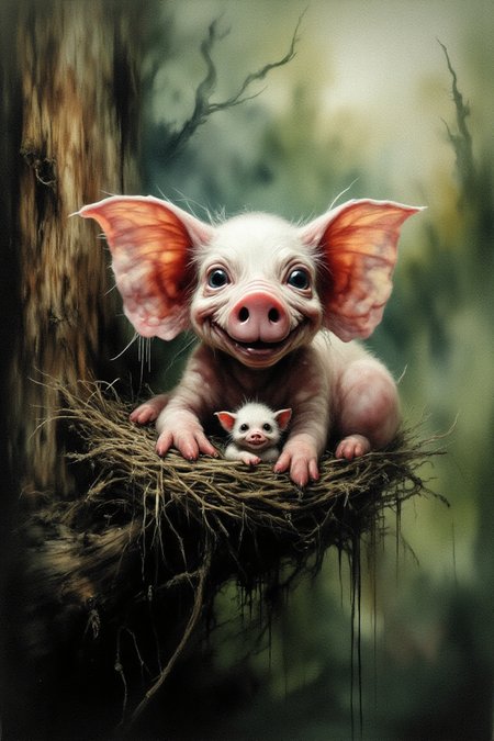 A pig with wings feeding cute little piglets with tiny wings in a nest high up a tree, Vibrant, sharp, extreme details, 8k
Dark Art