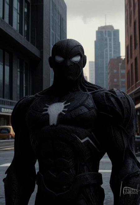 black suit, simple suit, symbiote suit, black mask, white eyes, white patches on hands, black webs, skinny, outside, in city, on rooftop, upper body, boy, solo, score_9, score_8_up, score_7_up, high-res image, masterpiece, best quality, no_pupils, black Organic Armor,Monster, fullbody shot, vanishing_point