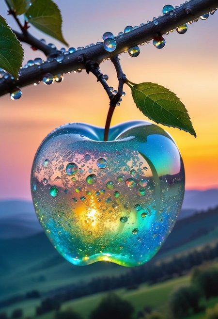 a delicate apple made of opal hung on branch  in the early morning light, adorned with glistening dewdrops. in the background beautiful valleys, divine iridescent glowing, opalescent textures, volumetric light, ethereal, sparkling, light inside body, bioluminescence, studio photo, highly detailed, sharp focus