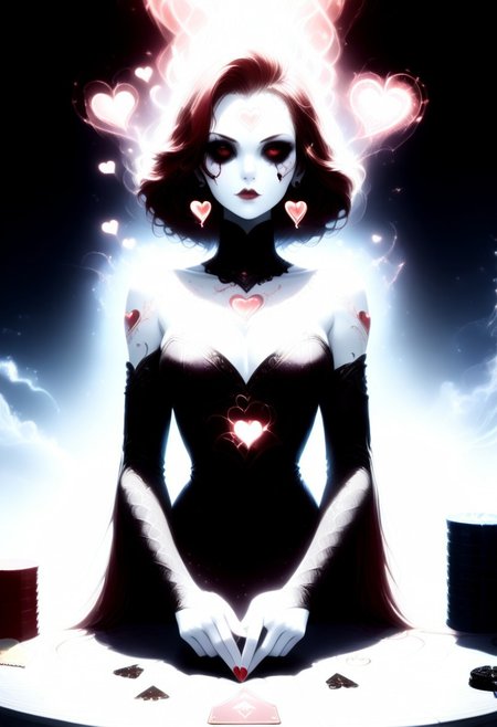 , score_9, score_8_up, score_7_up, Female, PG, Physical characteristics: Elegant facial features, pale skin, striking dark eyes, flowing red hair composed of heart shapes, full body, full body shot Clothing and accessories: Red, heart-shaped elements enveloping her body and head; intricate earrings visible, Position: Reclining or emerging from the playing card, with one hand extended gracefully, Background: Dark backdrop with smoky, ethereal effects, scattered red hearts and poker chips enhancing the thematic composition, Main element: Queen of Hearts playing card, creatively designed with a vivid, surreal touch, Art style: Hyper-realistic with fantasy elements, emphasizing red tones and a luxurious, dramatic atmosphere,
