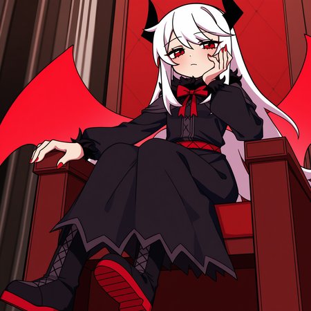 masterpiece, best quality, amazing quality, anime screencap, 1girl, solo, sitting, sitting on throne, from below, elbow rest, hand on own cheek, looking at viewer, red castle interior, bored, <lora:VareltFNF:0.9>, VareltFNF, white hair, long hair, red eyes, black horns, neck ribbon, red ribbon, red demon wings, long fingernails, red fingernails, black dress, long dress, black skirt, black boots,