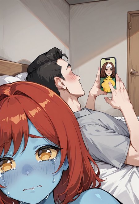 <lora:X-MenRogue:0.8>,  <lora:Mystique_from_X-Men_-_ILLU_character_model_by_SulfurSniffer:0.8>,  <lora:Dog_Crying_Selfie__Meme_Pose_Concept__IllustriousXL_and_NoobAI:0.7>