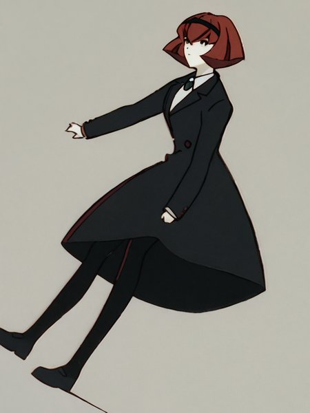 source_anime, score_9, score_8_up, score_7_up, anime screencap, 8k, absurd res, <lora:BigO_PDXLv1 Dorothy-000060:0.8> 1girl, solo, killerdorothy_(the_big_o), short hair, red hair, black hairband, black eyes, green brooch, pale skin, black dress coat, simple background, full body,