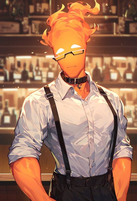 (((beautiful, high quality))), upper Body, score_9, score_8_up, score_7_up, 
FireHuman, orange fire, empty eyes, 1male, orange skin, white eyes, suspenders, black pants, muscular, collar shirt, rolled sleeves, glasses,
looking at the viewer, posing, blurred background, bar, indoors,