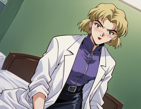 score_9, score_8_up, score_7_up, source_anime,
ritsukoakagi,  <lora:ritsuko-akagi-classic-ponyxl-lora-nochekaiser:1>,
ritsuko akagi, short hair, blonde hair, mole, mole under eye, parted bangs, green eyes,
lipstick, skirt, jewelry, pantyhose, earrings, belt, pencil skirt, labcoat, shirt, purple shirt, turtleneck, zipper,
indoors, bed, bed room, on side, blush, drunk,
cowboy shot, looking at viewer, solo, dutch angle,