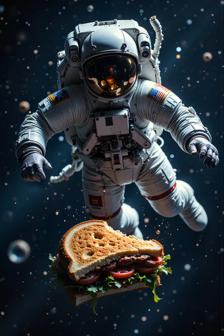 An astronaut floating in space is reaching out his hand to a half-eaten sandwich floating away from him  Fantastic lighting. Detailed shadows.intricate details, vivid colors, hyper-detailed, ultra-sharp<lora:FluxMythR3alisticF:0.4><lora:midjourney_whisper_flux_lora_v01:0.4><lora:aidmaMJ6.1-FLUX-V0.1:0.4><lora:Movie_Portrait:0.4><lora:Flux DetailerV2:0.4>