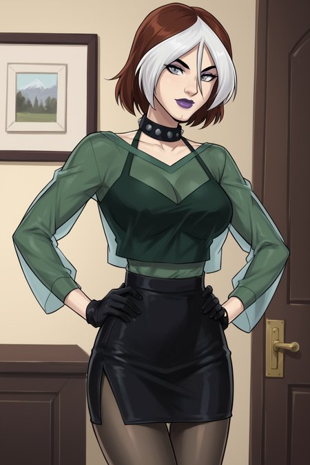 PonyXLV6_Scores BREAK ((parody), perfect anatomy, perfect eyes, cowboy shot) <lora:add_details_xl:0.8> BREAK <lora:RogueEVO:0.8> anne marie, short hair, multicolored hair, two-tone hair, brown hair, white hair, grey eyes, makeup, lipstick, purple lips, flirting, raised eyebrow, ((looking at viewer)), studded collar, see-through, green shirt, long sleeves, black gloves, pencil skirt, pantyhose, large breasts, curvy, toned, athletic, standing, hands on hip, indoors
