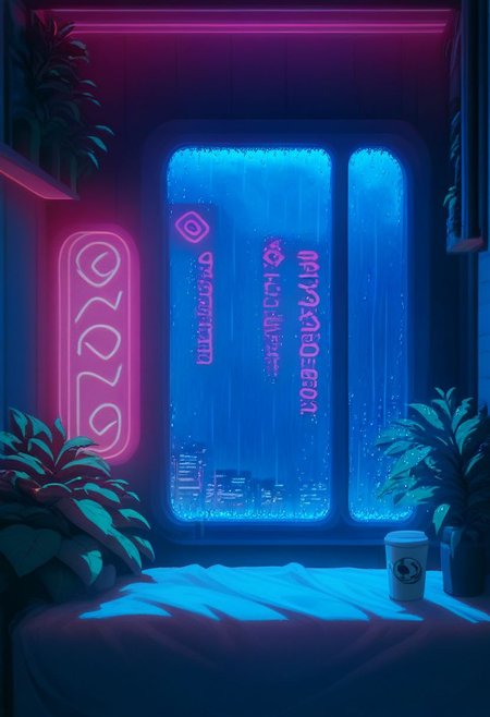 score_9,score_8_up,score_7_up,score_6_up, 
steaming coffee cup on windowsill, plants on the windowsill, wall of plants, monstera plant, large plant, tidy bedrrom, small room, cramped bedroom, teddies on the bed, cyberpunk city view out of the window, neon light, purple neon lights, rain, rain outside, rain on the window