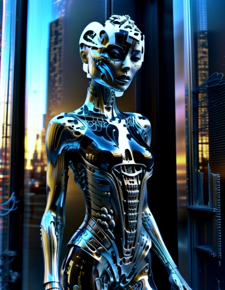 Haute Couture Fashion cyberpunk style, , solo, female with chorme skin, (full body:1.331), hightech_robotics Pinhead (Hellraiser) with light in his eyes and dark smoke around his body, (white head:1.3), (neon crisscrossing fine lines on face:1.2), (many neon pins pricked the entire head), BREAK stands still in a back alley, looking out to the crowded main street with neon sign, he is hoping to find the next victim, outdoors, high-tech cyberpunk nightcity background, (unreal engine), ray tracing, dynamic light, godrays, reflections, fisheye view, from below angle, long distance shot, hyper detailed, high quality, neon, dystopian, futuristic, digital, vibrant, detailed, high contrast, reminiscent of cyberpunk genre, (by h.r. giger:1.05),,, Haute Couture Fashion, often for custom-fitted clothing, luxurious materials, or high-end design.