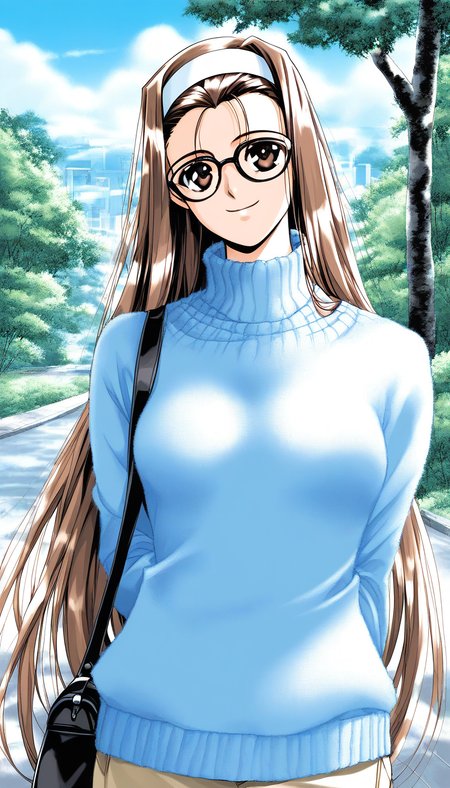 score_9, score_8_up, score_7_up, source_anime, rating_explicit, BREAK  <lora:Mizuno_Tomomi_XL:1> Mizuno_Tomomi, brown hair, glasses, black-framed eyewear, white hairband, brown eyes, very long hair, medium breasts,
solo, sweater, day, outdoors, smile, turtleneck, bag, looking at viewer, arms behind back, sky, tree, head tilt, long sleeves, white sweater