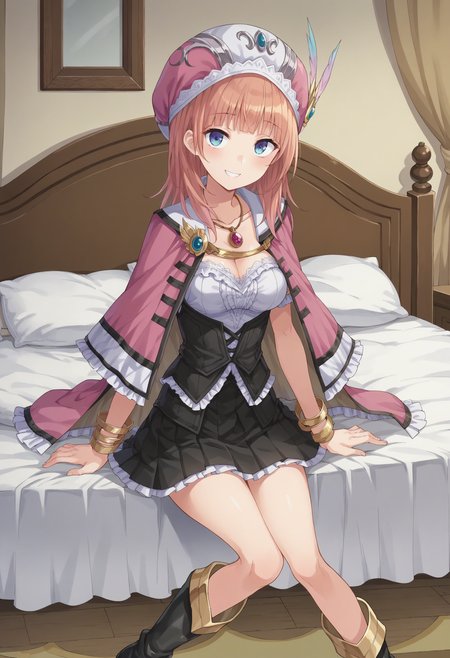 score_9, score_8_up, score_7_up, score_6_up, score_5_up, score_4_up , anime coloring ,BREAK source_anime, anime,screencap,
1girl, solo, a12, long hair, breasts, pink cape, black corset, black footwear, pleated skirt, bracelet, pink headwear, pendant,  <lora:PonyXL RoronaF V1:0.9>
indoors, bedroom, sitting on bed,
smile, looking at viewer,
