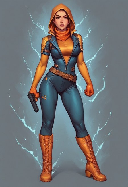 (1girl), dynamic pose
Lyra's iridescent jumpsuit shimmers like a moonlit lake, with neon pink and electric blue accents. Her hair crackles with electricity, styled in loose waves. Eyes burn like hot coals in fiery red and orange
((((full-clothed)))), ((long big pistol in hands, handgun in hands))
BREAK 
((strange world background)) score_9, score_8_up, score_7_up, score_6_up, source_cartoon, rating_explicit, Expressiveh, (((((full body))))), dynamic pose