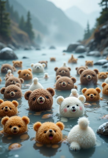 Lots of little cute bear dolls, brown bear, white bear, soaking in a big river, river deep in the mountains, hot spring, winter, snow falling, open air bath, neck-deep in hot water, eyes closed, smiling, smiling, mouth open, relaxed, childlike atmosphere, clay model Image, mountain top, steam, red cheeks, large amount of steam from river, wide angle, bird's eye view,
aidmafluxpro1.1