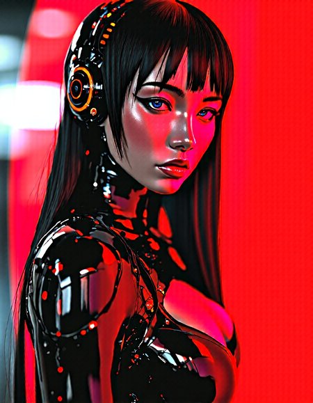 masterpiece, realistic scenery, ultra high quality, a gorgeous 23yo cybergoth woman prepares for a wild night, futuristic petite body suit with shiny red cybernetic features and elements, covered from the neck below, she is surrounded by a translucient red aura of love, urban enviroment, extreme close-up eye view, bo-abyss, <lora:bo digital abyss>, 1girl, perfectly flat chest, tiny perky tits