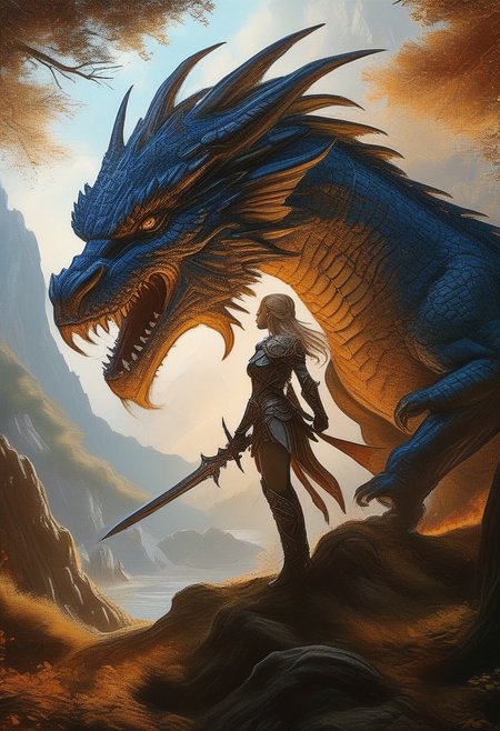 elfian princess fight against giant dragon, in beautiful forest, 8k  action shot, elfian princess in short armor, long legs,, with long spear,fighting, fantasy, gigantic dragon, bosstyle,