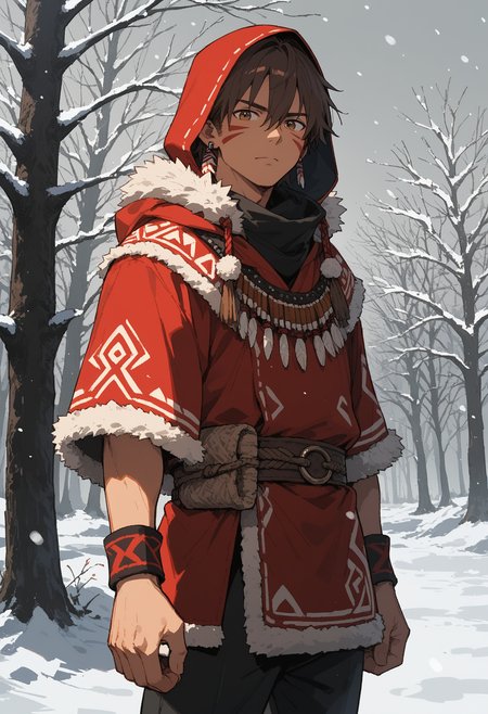 score_9, score_8_up, score_7_up,source_anime,1boy,solo,intense brown hair,pompadour hairstyle,hair between eyes,brown eyes,perfecteyes,eyebrows,tribal clothes,((wearing a hood)),fur hood,pants,fur belt,woven sack,tribal earrings,red face marking,snow,snowing,tree,looking at viewer,sinozick,flat colors