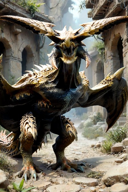 source_furry, score_9, score_8_up, score_7_up, (reydau_wilds, wyvern, feral), scalie, yellow scales, horns, fangs, teeth, sharp teeth, amber eyes, detailed eyes, long neck, spikes, claws, tail, spiked tail, winged arms, wings, <lora:MH_ReyDauPony:0.9>, outdoors, desert setting, ruins, standing, three-quarter-view, look at viewer, looking angry, closed mouth, <lora:Add_DetailedEyesPony:0.9>, <lora:add-detail-xl:1>, zPDXL2, zPDXLpg, zPDXLrl, best quality, highly detailed, extreme details, masterpiece, photorealistic, hyperrealistic, ultra realistic, hdr, 4k, uhd, ray tracing, shaded