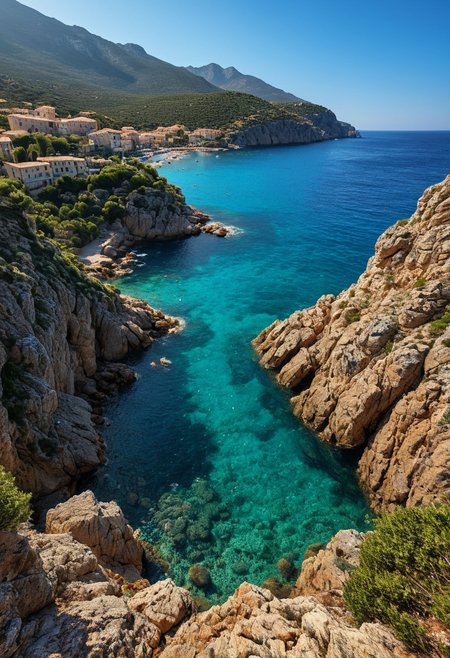 Realistic, photo of a A stunning view of a Mediterranean coastline with crystal-clear waters, rugged cliffs, and quaint seaside villages. In Corsica, coastal details, luminous water reflections.