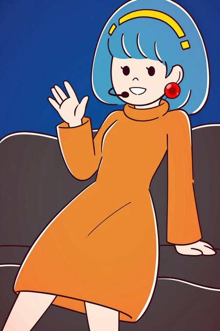 feminine, masterpiece, best quality, newest, absurdres, 1girl, amelia_n, red earrings, sitting, sofa, waving, orange sweater dress, yellow headband, black eyes, microphone headset,
BREAK
dynamic background, dark background,  <lora:Amelia_N_Pony:1>