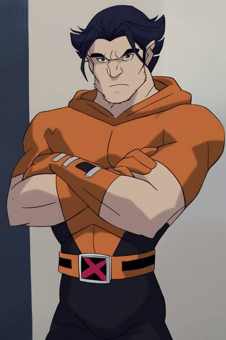 score_9, score_8_up, score_7_up, logan, wolvevo, 1boy, solo, male focus, mature male, short hair, dark blue hair, brown eyes, thick eyebrows, facial hair, stubble, sideburns, hood down, bodysuit, orange bodysuit, black bodysuit, two-tone bodysuit, short sleeves, orange gloves, belt, muscular, frown, crossed arms, looking at viewer, standing, cowboy shot, indoors, bedroom <lora:Wolverine (Logan) X-Men Evolution (First Suit+Logan) v1.1 [LoRA] - Pony V6 XL:0.85>