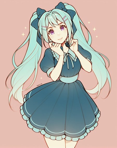 <lora:_oxcoxa_NAIXL-000015:1.1> art by oxcoxa, artist:oxcoxa, score_9, score_8_up, score_7_up, best quality, masterpiece, uncensored, A girl Hatsune Miku with long purple twintails hair and purple eyes wearing a blue dress with pink frills and blue ribbons. She is also wearing blue stars hair clips and has a blue bow on her head. The background is a starry night sky. Girl looking at viewer with purple eyes and her hands near her neck pulling down collar of her dress.