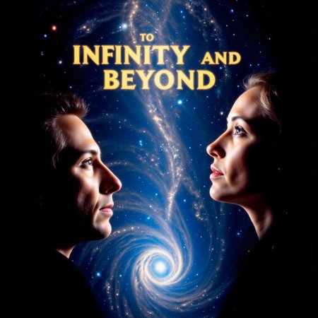 documentary film, text:"To Infinity and Beyond, random author title, vertical image of infinity with the cosmos in it, at left side is a close up face of man starring upwards in awe, on the right is a  is a close up face of  woman starring upwards in awe. their faces highlighted by the cosmos. james web space telescope, spiral galaxy's,