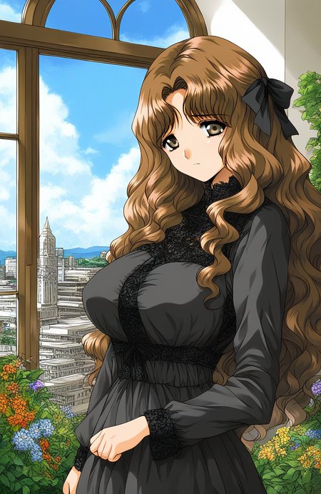 score_9, score_8_up, score_7_up, source_anime, rating_explicit, BREAK  <lora:Tsuchiya_Yuki_XL:1> TsuchiyaYuki, gray eyes, brown hair, long hair,  wavy hair, large breasts, 
solo, black dress, jewelry,  hair ribbon, black bow, long sleeves, 
looking at viewer, sad,
flower, no humans, scenery, sky, cloud, day, outdoors, plant, window, building