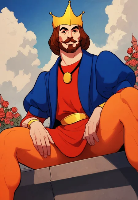 score_9, score_8_up, KingRandor, brown hair, medium hair, black eyes, facial hair, mustache, gold crown, blue coat, puffy sleeves, red tunic, medallion, looking at viewer, smile, dynamic pose, detailed background, dutch angle, palace garden, flowers, blue sky, clouds, sitting on a bench, cowboy shot, spread legs, wristbands, gold belt, side view, muscular, orange leggings, below view,