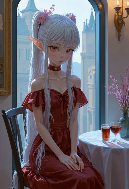 SWMS, elf sorcerer girl, snowy white hair cascading down her back, Dimly lit neon eyes, pale white skin, (sleek skintight elven outfit), (voluminous cloak), sharp narrow jaw, ((Full Body)), crystal crown, ((Detailed fantasy elven city background)), ((glyphs, runes, glowing)), sitting at cafe bar, turned around, looking back, detailed drawing   <lora:FLUX - SWMSF - Styles for FLUX ( detailed drawing, swms ):1> <lora:FLUX - Surreal_Photo (Glitter):0.6>