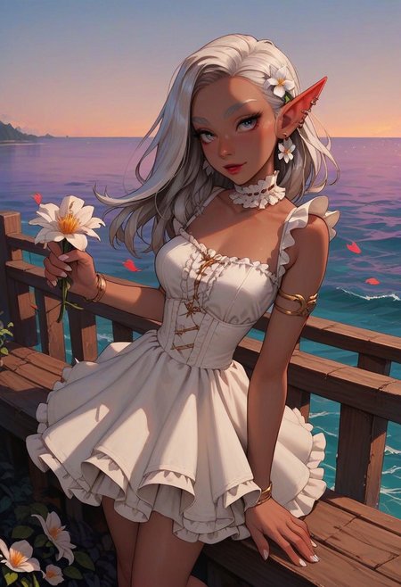 score_9_up, score_8_up, score_7_up, score_6_up, 1girl, 25 years old, perfect face, cute, petite, 
grey eyes, 
thick eyebrows, thick eyelashes, white eyelashes,
white hair, long hair, hair ornament, hair flower, earings, flower earrings, ear piercing, lace choker, 
dark elf, (dark skin), red lips,
white dress, short dress, layered dress, frilled dress,  frills,  
bracelet, armlet, white nails,
standing, 
flowers, holding flowers,
sea, pier