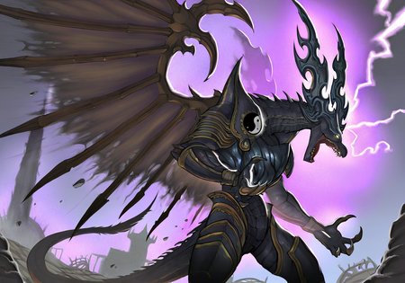 highres, best quality, masterpiece, very aesthetic, newest,epic,dark souls_(series),black lightning,tower,rubble,solo,dorugoramon,wings,horns,tail,purple aura,open mouth,teeth,cowboy shot,yellow eyes,breathing lightning, claws,yin yang, grimdark,dark fantasy,soulslike, <lora:DorugoramonIllustrious:1>