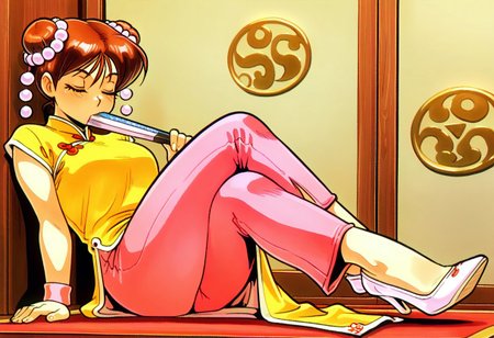 masterpiece, best quality, amazing quality, very aesthetic, absurdres, newest,larffl3,1girl, double bun, hair pearls, short brown hair, yellow china dress, single pink wristband brown eyes, pink pants, white pumps, close up, eyes closed, sat down, legs crossed, taoism symbol,  ((holding chinese fan))