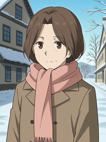 <lora:Touko_Fujiwara-Natsume_Yuujinchou:1>,Touko,1girl,solo,old woman,brown hair,brown eyes,short hair,coat,scarf, outdoors,winter