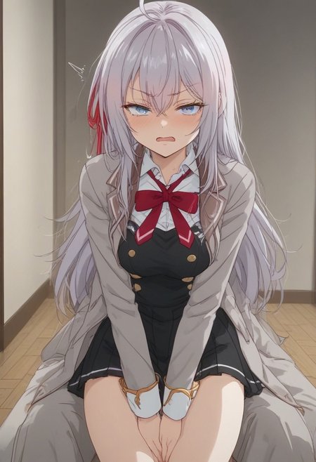 alya, different perspectives, embarassed, ashamed, showing thighs, solid color as background