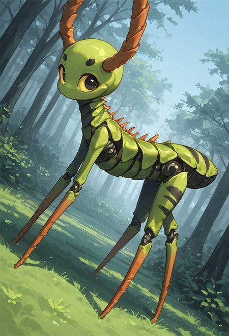 score_9, score_8_up, score_7_up, score_6_up, score_5_up, score_4_up, Expressiveh, (feral insect girl, feral caterpillar girl:1.2), full body shot, rearing up, perky breasts, green caterpillar, open mouth, cute, petite, (arms down at sides), single orange horn, (two-pronged horn), green body, leaves, looking at viewer, ((crawling, slithering, many legs:1.2), big bulbous head, long body, gigantic eyes, expressionless, wide eyes, centipede legs:1.4), black eyes, black irises, (dilated eyes), yellow sclera, big eyes, outdoors, blue sky, sunny day, black stripes, (dutch angle, diagonal view, side view:1.3)