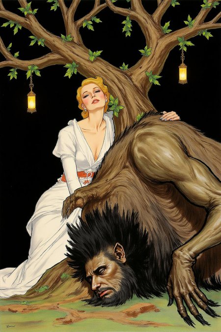 regr1 sketch 
A beautiful woman and a sleeping demon. The woman sits gracefully under a sprawling tree with lush, curving branches and hanging vines. Her expression is calm and serene as she gazes thoughtfully into the distance. Resting his head gently on her lap is a large demon with a powerful, otherworldly presence. The demon, though fearsome in size, appears vulnerable as he lies beside her. His skin has a muted, earthy tone, and his features--sharp and beastly--are softened by a look of weary contentment. His claws are retracted, and he exudes a mixture of strength and peace in her presence. The tree's twisted branches arc above them, framing the scene like a natural canopy. Golden lamps hang from the tree, casting warm, soft light, illuminating the two figures in a magical glow <lora:regr1_fashion_nocap_d6a3:1.0><lora:807308901079876567:0>
