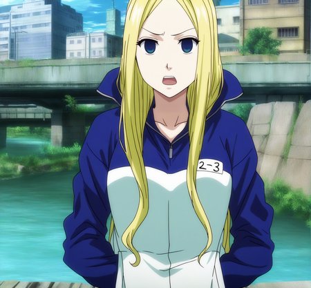 sharp focus, pixiv masterpiece, score_9, score_8_up,  source_anime, score_7_up, best quality, high res, absurd res, BREAK
<lora:Nino_arakawa_under_the_bridge_illu_v33-000017:1>,nino_arakawa_il, (1girl, solo:1.5), blonde_hair, blue_eyes, blue_white_tracksuit, number_tag, long_hair, (anime_screencap:1.1), talking,  centered, riverside, hands_in_pockets,  upper body, slightly annoyed, talking