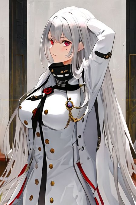 solo_focus, 1girl, (((masterpiece))), ((best quality)), ((ultra-detailed)), high resolution, absurdres, highres, ultra-detailed 8k unity wallpaper, 
sovetskaya_rossiya_azurlane, long_hair, hair_between_eyes, red_eyes, breasts, large_breasts, mole, white_hair, mole_under_eye, bangs, blush, grey_hair, very_long_hair