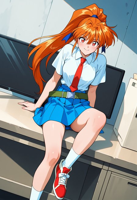 masterpiece, best quality, amazing quality, 1girl, solo, 1990s \(style\), retro_artsryle,
<lora:inoue_ritsuko_v01:0.9>, inoue_ritsuko, ritsuko_normal, orange hair, long hair, high ponytail, red eyes,
blue hair ribbon, school uniform, collared shirt, short sleeves, red necktie, belt, blue miniskirt, plated skirt, white socks, red footwear, (smile:0.7), posing, dutch angle