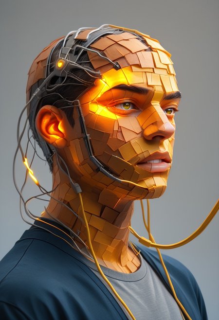 end_tripwire_morph, an electrical cable sculpture of a man that's made of electrical cables, solo, male focus, 1boy, electricity, glowing, portrait, colored skin, grey background, teeth, simple background, yellow eyes, skin made of electrical cables, clothing made from electrical cables, floating, indoors, wires, made of wires, cables, outlined with wires, wire sculpture, neon wire sculpture, gradient overlay, PonyXLV6_Scores