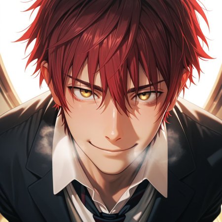 masterpiece, best quality, amazing quality, absurdres, newest, detailed background, definition so sharp, Ultra-HD, 8K cinematic, very awa, impressionate, amazing quality, highres, 
solo, male focus, manly, shadow, shiny skin, bokeh, warm light, light particle,
mikotosuoh, mikoto_pretime, mikoto_red hair, mikoto_yellow eyes, 1boy, short hair, black blazer, white collared shirt, black tie, calm face, heavy breath, day, cheeky expression, smiling, looking at viewer, fisheye