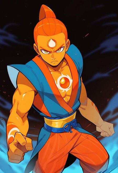 score_9, score_8_up, score_7_up, score_6_up, solo, full body, a blue masculine human with a single orange gem embedded in his forehead, kung fu, serious, orange hair, wearing orange monk robes, yellow body, orange body markings, yellow eyes, orange forehead gem, yellow humanoid, orange theme, flat chest, shiny skin, dynamic reflection, dark background, best quality, highly detailed, illustration