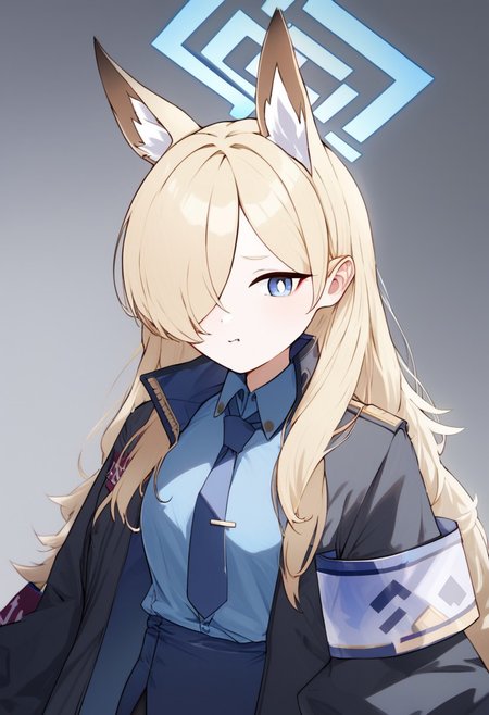 kosubi, score_9, score_8_up, digital media, solo,1girl, silk clothing, reflective clothing, shiny clothing, cowboy shot, kanna (blue archive), animal ears, blonde hair, animal ear fluff, halo, hair over one eye, long hair, blue eyes, extra ears, dog ears, black gloves, black jacket, long sleeves, blue shirt, collared shirt, open jacket, blue necktie, armband, black pantyhose, blue skirt, tie clip
