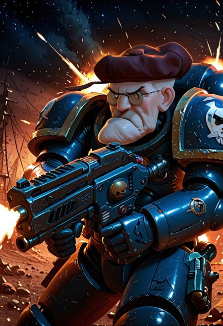 Masterpiece, absurdres, best quality, 1boy, solo, Eustace, Bagge, hat, glasses, grumpy expression, space marine, power armor, firing gun, heavy bolter, battlefield background, closeup, UltraM40k, no helmet,