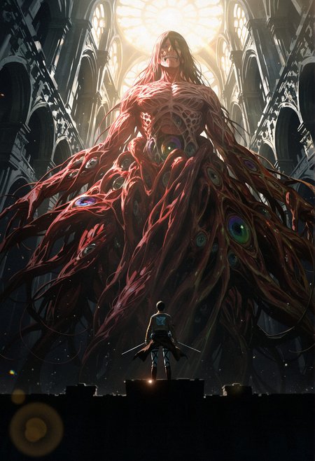 very awa, (anime screenshot:0.8),  (artist:guru:0.8), (stu dts:0.5), monster, titan \(shingeki no kyojin\), body horror, gothic architecture, sunlight, lens flare, rainbow, warrior, foreshortening, masterpiece, [best quality:0.15], newest, absurdres,