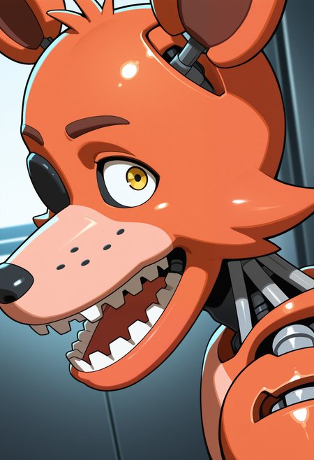 masterpiece,best quality,amazing quality,1boy, solo, f0xy, robot fox boy, orange fur, yellow eye, black eyepatch, close up, side angle, looking at viewer, smirk, show teeth,